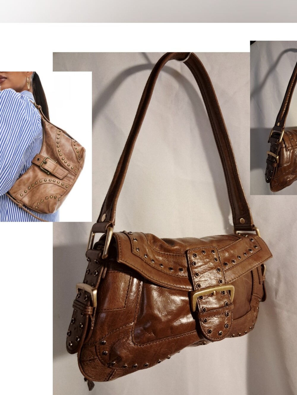 Kate Landey Brown Studded Leather Shoulder Bag